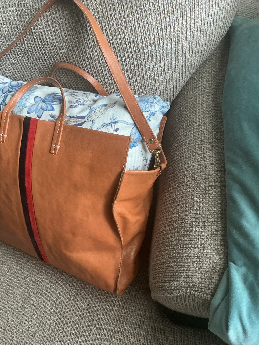 Clare V Tan Leather Tote with Red and Brown Stripe - Picture 6 of 12